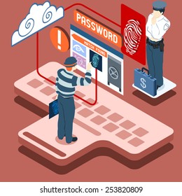 Isometric Recognition Data Lock Screen Authentication Biometric Facial Recognition Thief Access Facial Data Access 3D Isometric Internet Security Infographic Security Thief Icon Vector Illustration