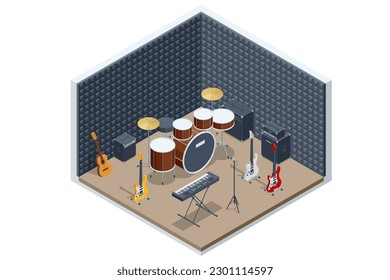 Isometrisches Aufnahmestudio und schalldichte Wandtextur. Drum Kit mit Trommeln und Zymballen. Analogschall von Synthesizer