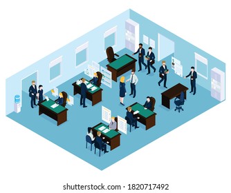 Isometric recruiting composition with indoor view of office and working places with employee characters having conversations vector illustration