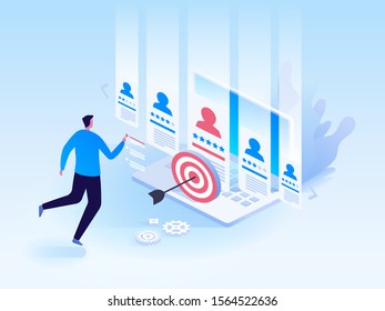 Isometric Recruiting concept. Business HR. Job agency human resources creative find experience. Easy to edit and customize landing page. Human resources manager hiring employee or workers for job.