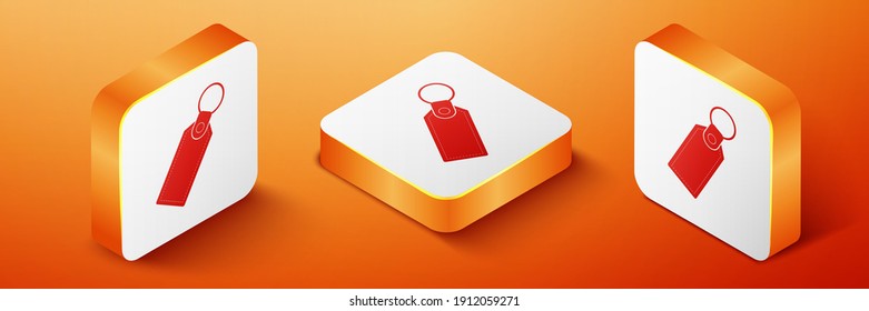 Isometric Rectangular key chain with ring for key icon isolated on orange background. Orange square button. Vector.