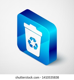Isometric Recycle bin with recycle symbol icon isolated on white background. Trash can icon. Garbage bin sign. Recycle basket sign. Blue square button. Vector Illustration