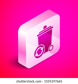 Isometric Recycle bin with recycle symbol icon isolated on pink background. Trash can icon. Garbage bin sign. Recycle basket sign. Silver square button. Vector Illustration