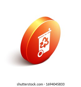 Isometric Recycle bin with recycle symbol icon isolated on white background. Trash can icon. Garbage bin sign. Recycle basket sign. Orange circle button. Vector Illustration