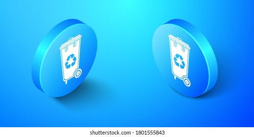 Isometric Recycle bin with recycle symbol icon isolated on blue background. Trash can icon. Garbage bin sign. Recycle basket icon. Blue circle button. Vector.