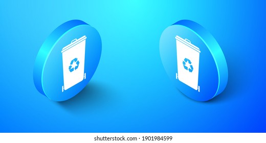 Isometric Recycle bin with recycle symbol icon isolated on blue background. Trash can icon. Garbage bin sign. Recycle basket icon. Blue circle button. Vector.