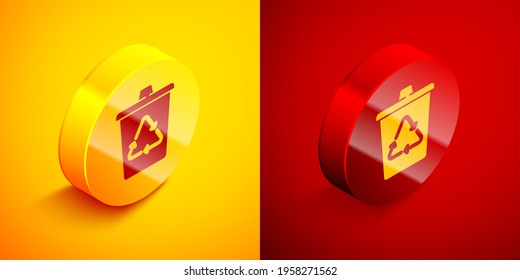 Isometric Recycle bin with recycle symbol icon isolated on orange and red background. Trash can icon. Garbage bin sign. Recycle basket sign. Circle button. Vector