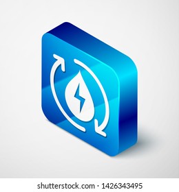 Isometric Recycle clean aqua icon isolated on white background. Water recycling energy symbol. Drop of water with recycling. Water refresh arrows. Blue square button. Vector Illustration