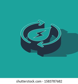 Isometric Recycle clean aqua icon isolated on green background. Water recycling energy symbol. Drop of water with recycling. Water refresh arrows.  Vector Illustration