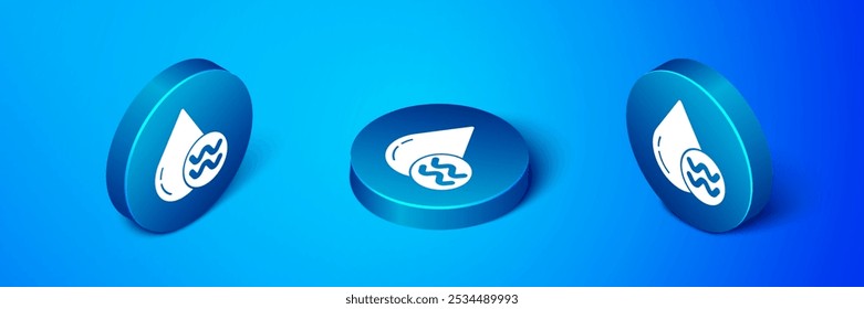 Isometric Recycle clean aqua icon isolated on blue background. Drop of water with sign recycling. Blue circle button. Vector Illustration