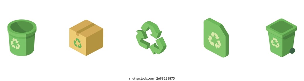 Ícone de reciclagem isométrica definido. Conjunto de ícones do vetor de reciclagem. Setas, coração e folha reciclam eco símbolo verde. Ângulos arredondados. Sinais reciclados isolados no fundo branco. Seta de reciclagem e