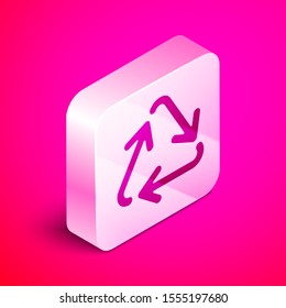 Isometric Recycle symbol icon isolated on pink background. Circular arrow icon. Environment recyclable go green. Silver square button. Vector Illustration