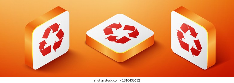 Isometric Reciclando icono aislado en el fondo naranja. Icono de flecha circular. El medio ambiente reciclable se vuelve verde. Botón cuadrado naranja. Vector.