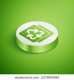Isometric Recycle symbol icon isolated on green background. Circular arrow icon. Environment recyclable go green. White circle button. Vector