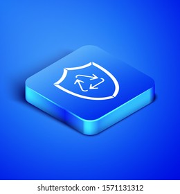 Isometric Recycle symbol inside shield icon isolated on blue background. Eco protection sign. Blue square button. Vector Illustration
