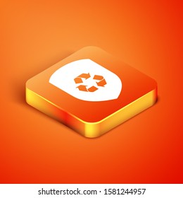 Isometric Recycle symbol inside shield icon isolated on orange background. Eco protection sign.  Vector Illustration