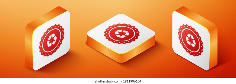 Isometric Recycle symbol label icon isolated on orange background. Environment recycling symbol. Orange square button. Vector.