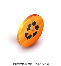Isometric Recycle symbol and leaf icon isolated on white background. Environment recyclable go green. Orange circle button. Vector Illustration