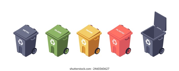 Isometric recycling bins for metal, glass, paper, and plastic, concept of waste sorting. Set of vector illustrations isolated on white background