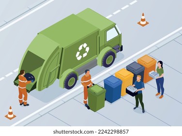 Isometric recycling composition with outdoor view of street with colorful waste bins and dump truck crew vector illustration