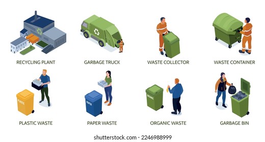 Isometric recycling compositions set with isolated views of plant building and people separating and collecting garbage vector illustration