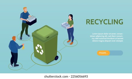 Isometric recycling horizontal banner with editable text more button human characters surrounding plastic bin for waste vector illustration