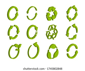 Isometric Recycling Icon Collection. Vector Set Of Green Circle Arrows Isolated On White Background. Rotate Arrow And Spinning Loading Symbol. Eco Logo 3d Concept.