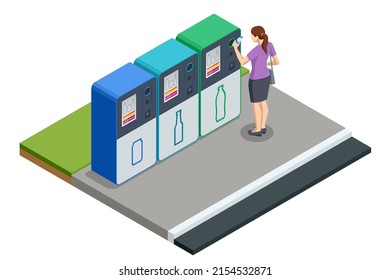 Isometric Recycling machine isolated on white. Woman put bottles in vending machine. Reverse Vending Recycling Machine. Recycling machine that dispenses cash.