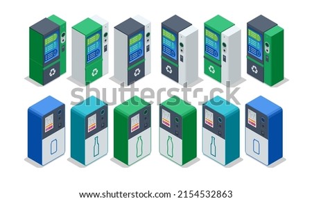 Isometric Recycling machine isolated on white. Put bottles in vending machine. Reverse Vending Recycling Machine. Recycling machine that dispenses cash.