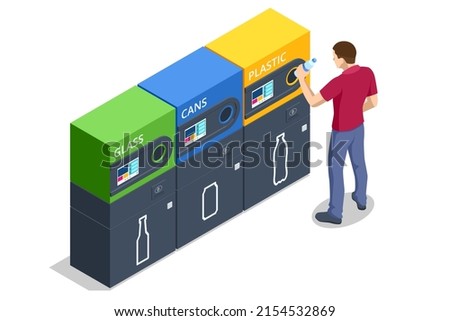 Isometric Recycling machine isolated on white. Man put bottles in vending machine. Reverse Vending Recycling Machine. Recycling machine that dispenses cash.