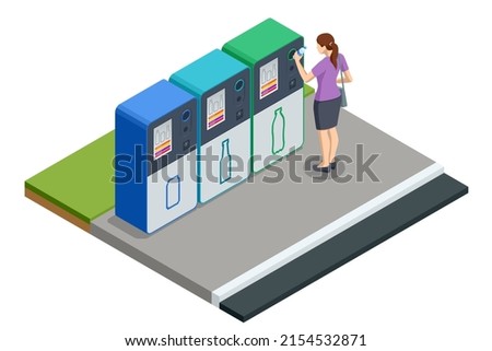 Isometric Recycling machine isolated on white. Woman put bottles in vending machine. Reverse Vending Recycling Machine. Recycling machine that dispenses cash.