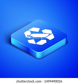 Isometric Recycling plastic bottle icon isolated on blue background. Blue square button. Vector Illustration