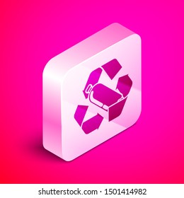 Isometric Recycling plastic bottle icon isolated on pink background. Silver square button. Vector Illustration