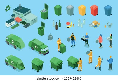 Isometric recycling set with color coded waste bins for separating rubbish green dump trucks and people vector illustration