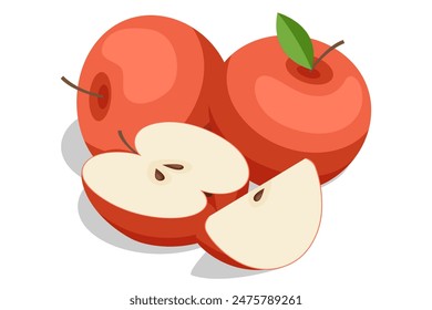 Isometric red apples isolated on white background. Apples juicy fruits. Rich in fibre and antioxidants, they offer a sweet, refreshing taste and are versatile for eating raw, cooking, or juicing.