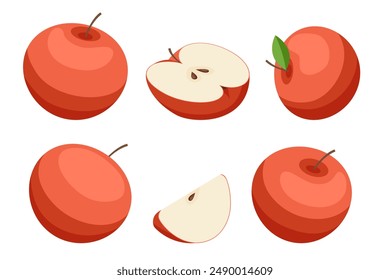 Manzanas rojas isométricas aisladas sobre fondo blanco. Manzanas y frutas jugosas. Son ricos en fibra y antioxidantes, ofrecen un sabor dulce y refrescante y son versátiles para comer crudo, cocinar o tomar jugos