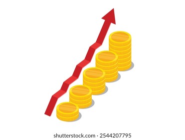 Isometric red up arrow and coin stacks. Financial success and growth concept. Vector illustration isolated on white background