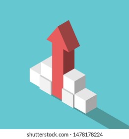 Isometric red arrow going up supported by stacked cubes. Fast growth, risk management, investment, stability and caution concept. Flat design. EPS 8 vector illustration, no transparency, no gradients