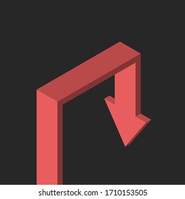 Flecha roja isométrica creciendo y cayendo sobre un fondo negro sombrío. Crisis, depresión, desesperación, problema y concepto de recesión. Diseño plano. Ilustración vectorial EPS 8, sin transparencia, sin degradados