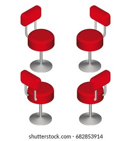 Isometric red bar chairs set. Tall cafe chair. Vector illustration