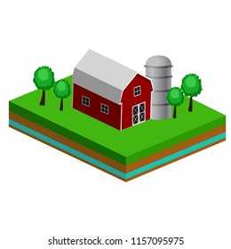 Isometric Red Barn And Trees cows vector illustration