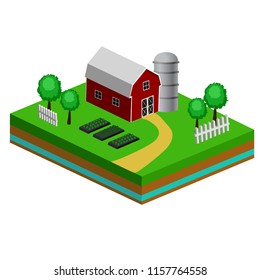 Isometric Red Barn And Trees cows vector illustration