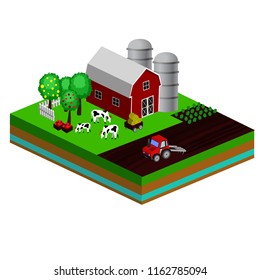 Isometric Red Barn And Trees cows vector illustration