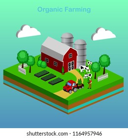 Isometric Red Barn And Trees cows vector illustration