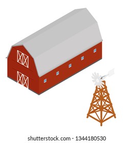 Isometric red barn and water aerating windmill. Farm buildings isolated on white background
