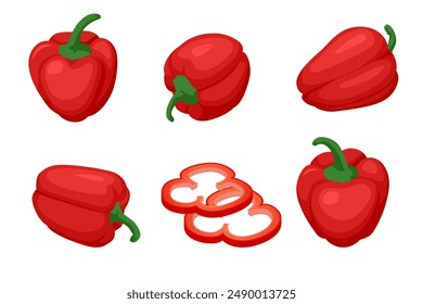 Isometric red bell peppers are fresh vegetables commonly used in salads. They add crunch, and a mild, sweet flavour to dishes. Red pepper is a vibrant vegetable used in cooking.