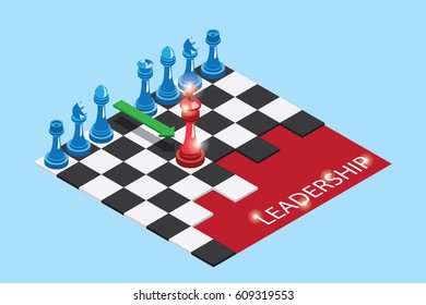 isometric red and blue chess pieces on chessboard with word, leadership and business concept