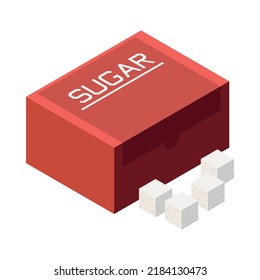 Isometric red box of white refined sugar cubes 3d vector illustration