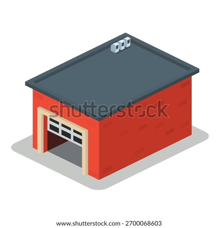 Isometric red brick garage building. Vector illustration of industrial warehouse with roller door.