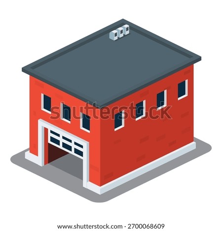 Isometric red brick garage building. Vector illustration of industrial warehouse with roller door.